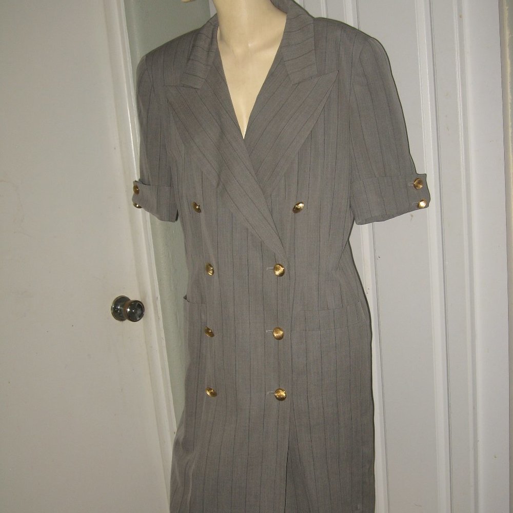 ❤️ESCADA MARGARETHA LEY PINSTRIPE Double Breasted Dress w Gold Buttons Sz 42 /L